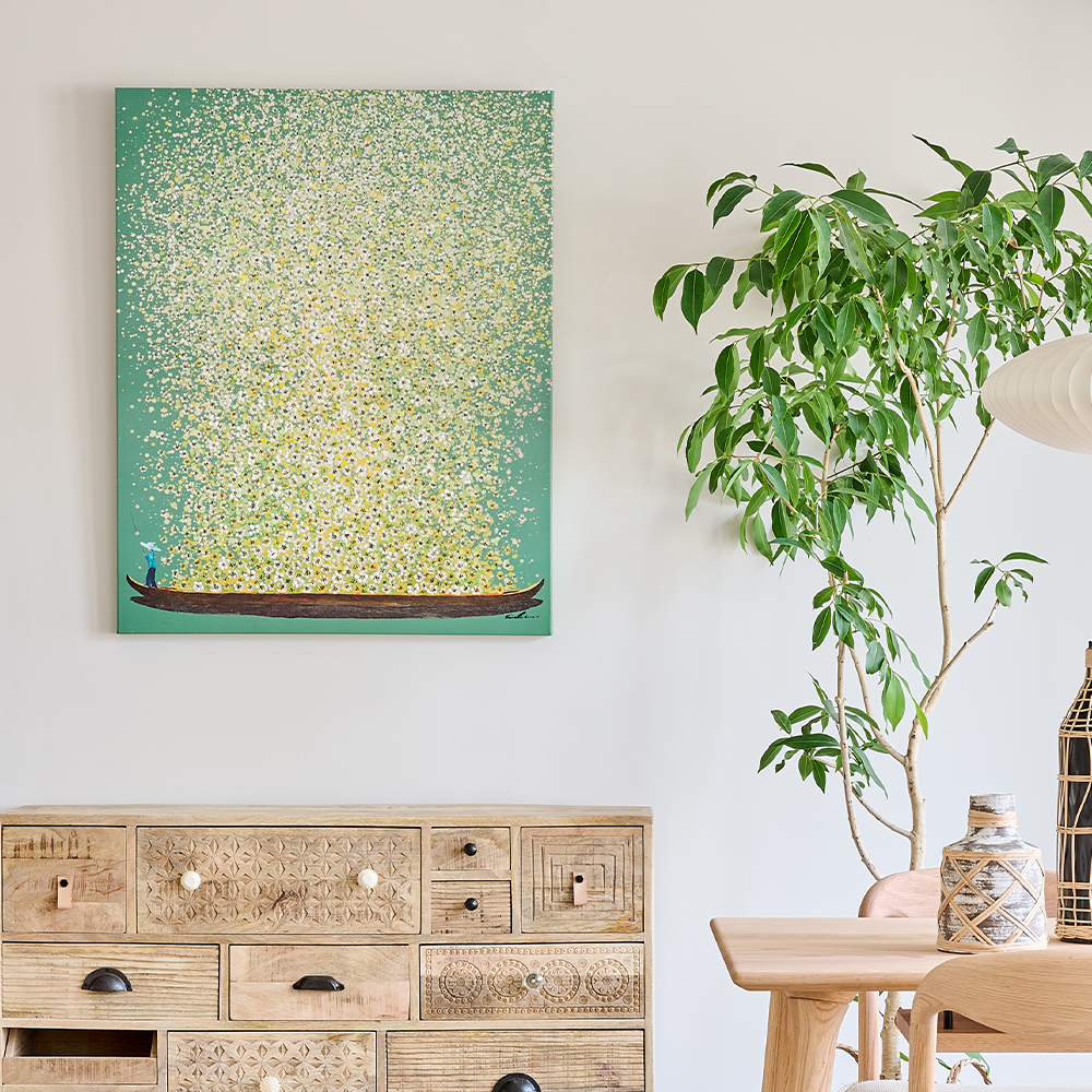 フラワーボート グリーン イエロー 100×80 cm タッチドピクチャー 