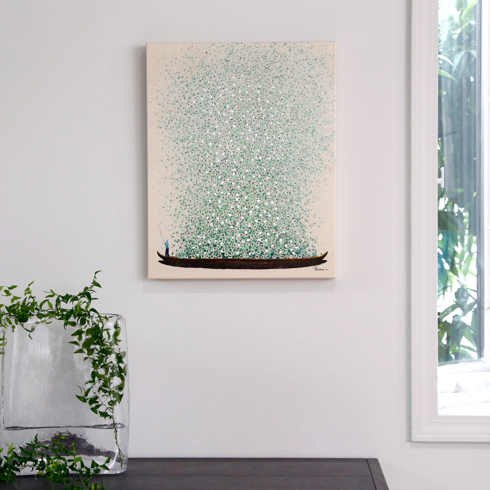 フラワーボート ベージュグリーン 40×50 cm タッチドピクチャー 