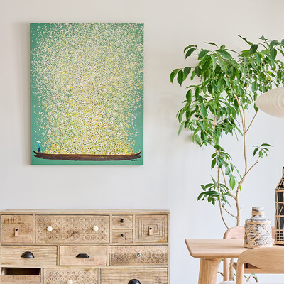 フラワーボート グリーンイエロー 100×80 cm タッチドピクチャー 