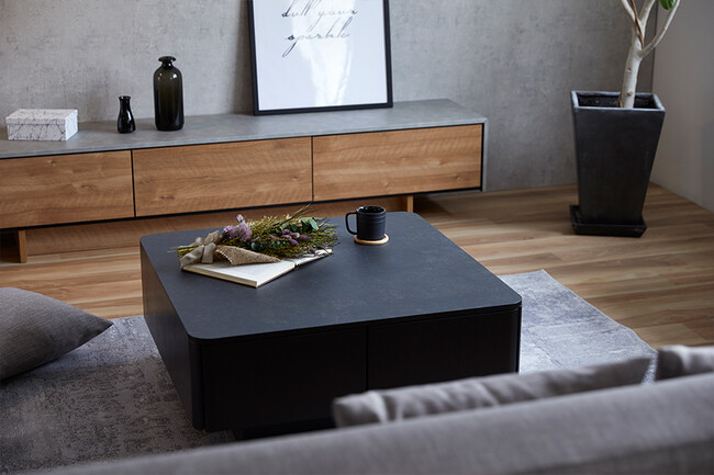 大容量リビングテーブル　ブラック×マーブルブラック 