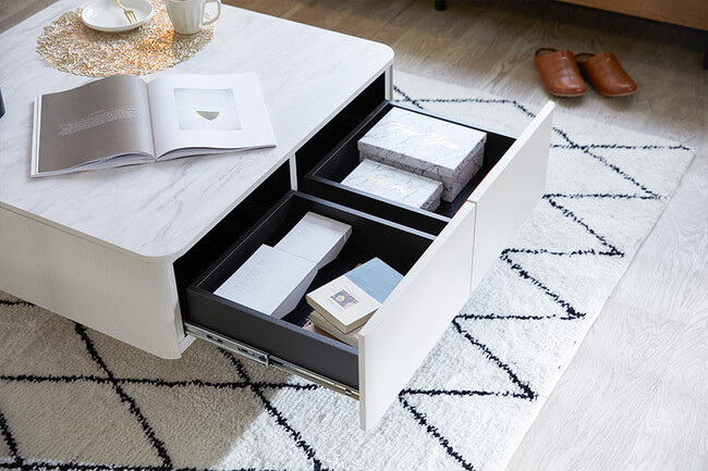 大容量リビングテーブル　ホワイト×マーブルホワイト 