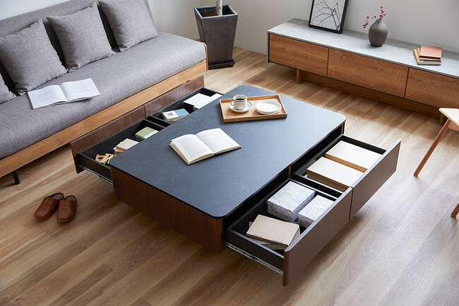 大容量リビングテーブル　ウォールナット×マーブルブラック 