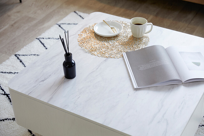 大容量リビングテーブル　ホワイト×マーブルホワイト 