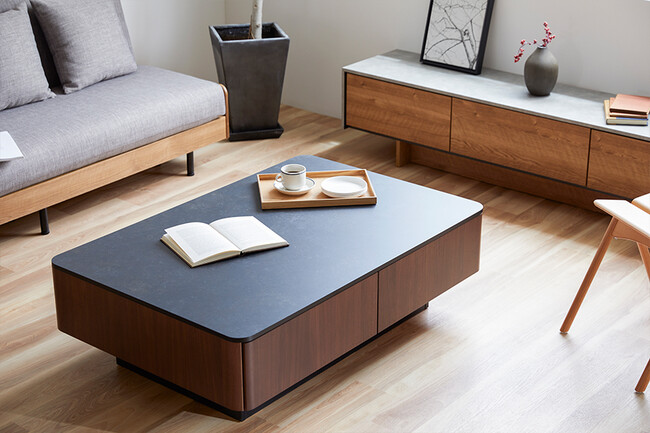 大容量リビングテーブル　ウォールナット×マーブルブラック 