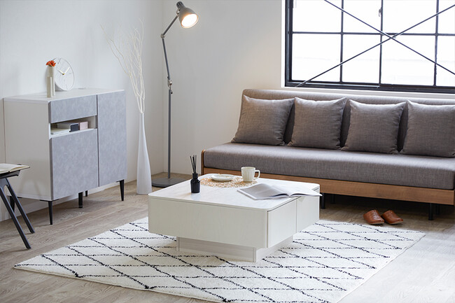 大容量リビングテーブル　ホワイト×マーブルホワイト 