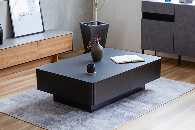 大容量リビングテーブル　ブラック×マーブルブラック 