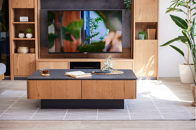 大容量リビングテーブル　ビンテージナチュラル×マーブルブラック 