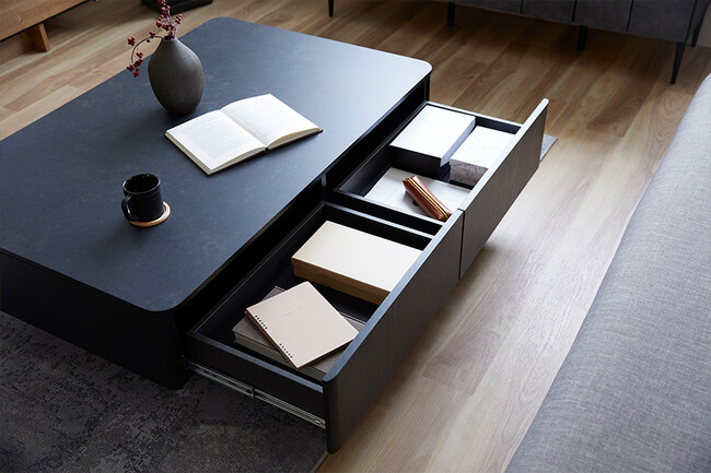 大容量リビングテーブル　ブラック×マーブルブラック 