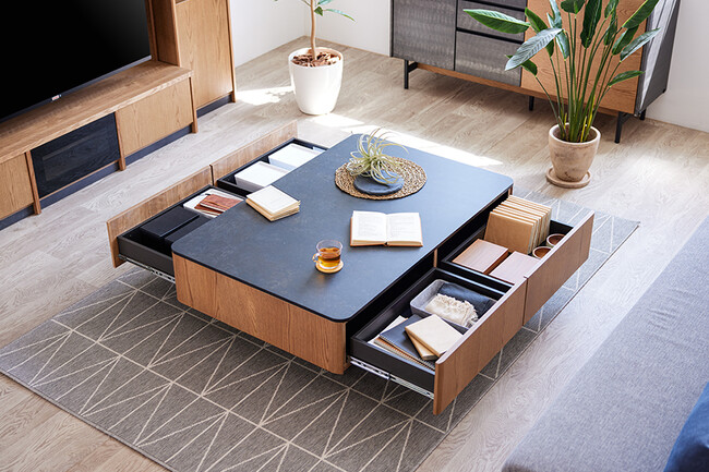 大容量リビングテーブル　ビンテージナチュラル×マーブルブラック 