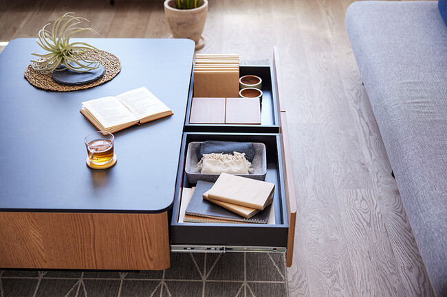 大容量リビングテーブル　ビンテージナチュラル×マーブルブラック 