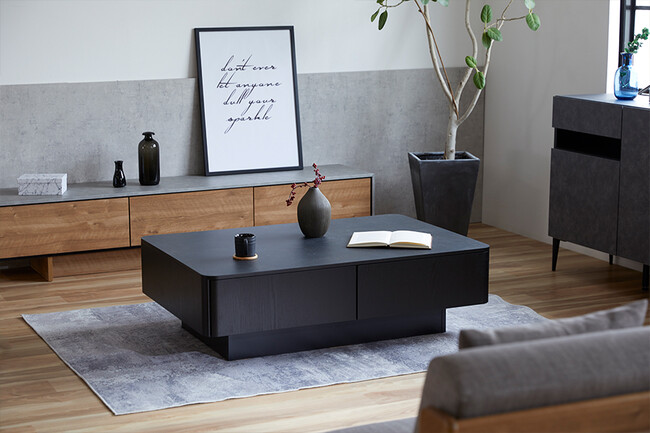 大容量リビングテーブル　ブラック×マーブルブラック 