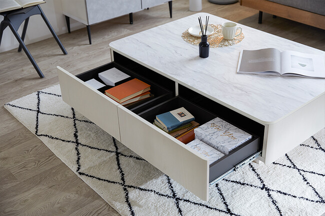 大容量リビングテーブル　ホワイト×マーブルホワイト 