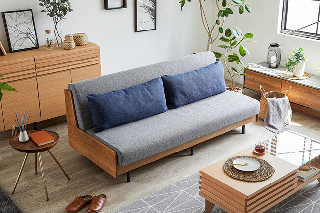 無垢材ソファベッド　ヴィンテージナチュラル×ライトグレー 