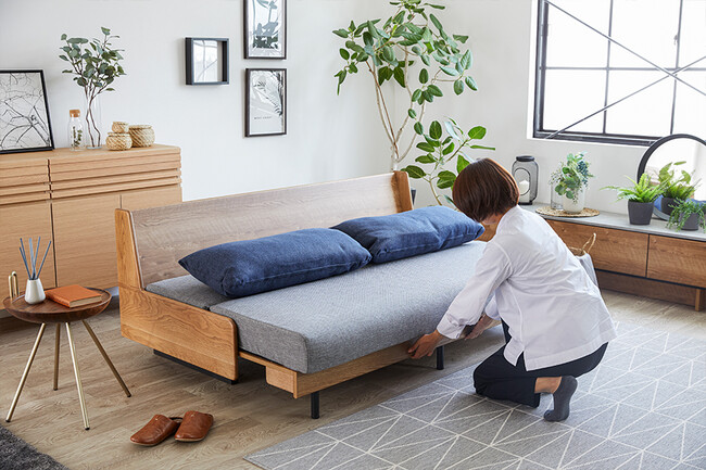無垢材ソファベッド　ヴィンテージナチュラル×ライトグレー 