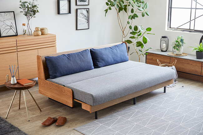 無垢材ソファベッド　ブラウン×ライトグレー 
