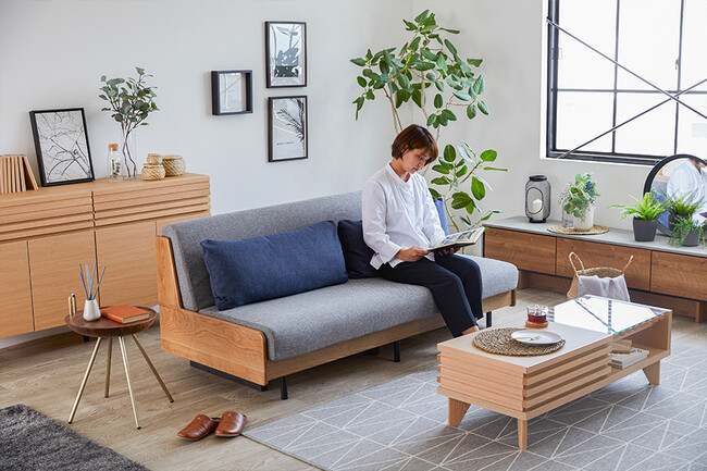 無垢材ソファベッド　ヴィンテージナチュラル×ライトグレー 